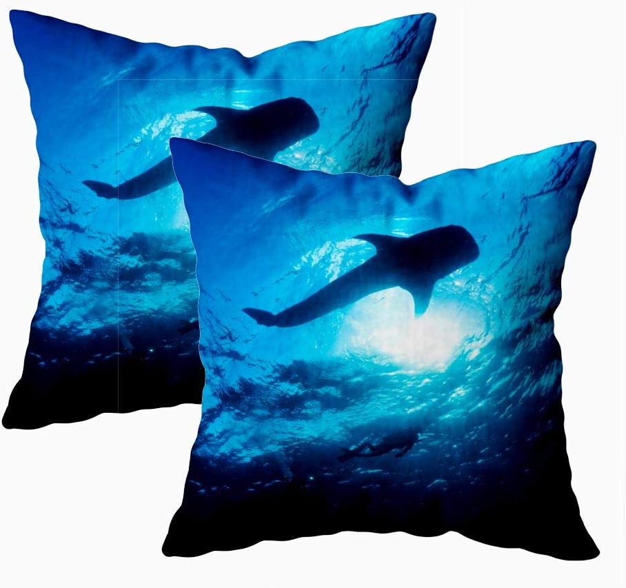 KIOAO Fall Pillow Case, Standard 2Sets 18X18Inch Soft Pillowcase Covers Whale Shark and The Diver Swimming in Middle of Ocean Printed with Both Sides,Christmas Day