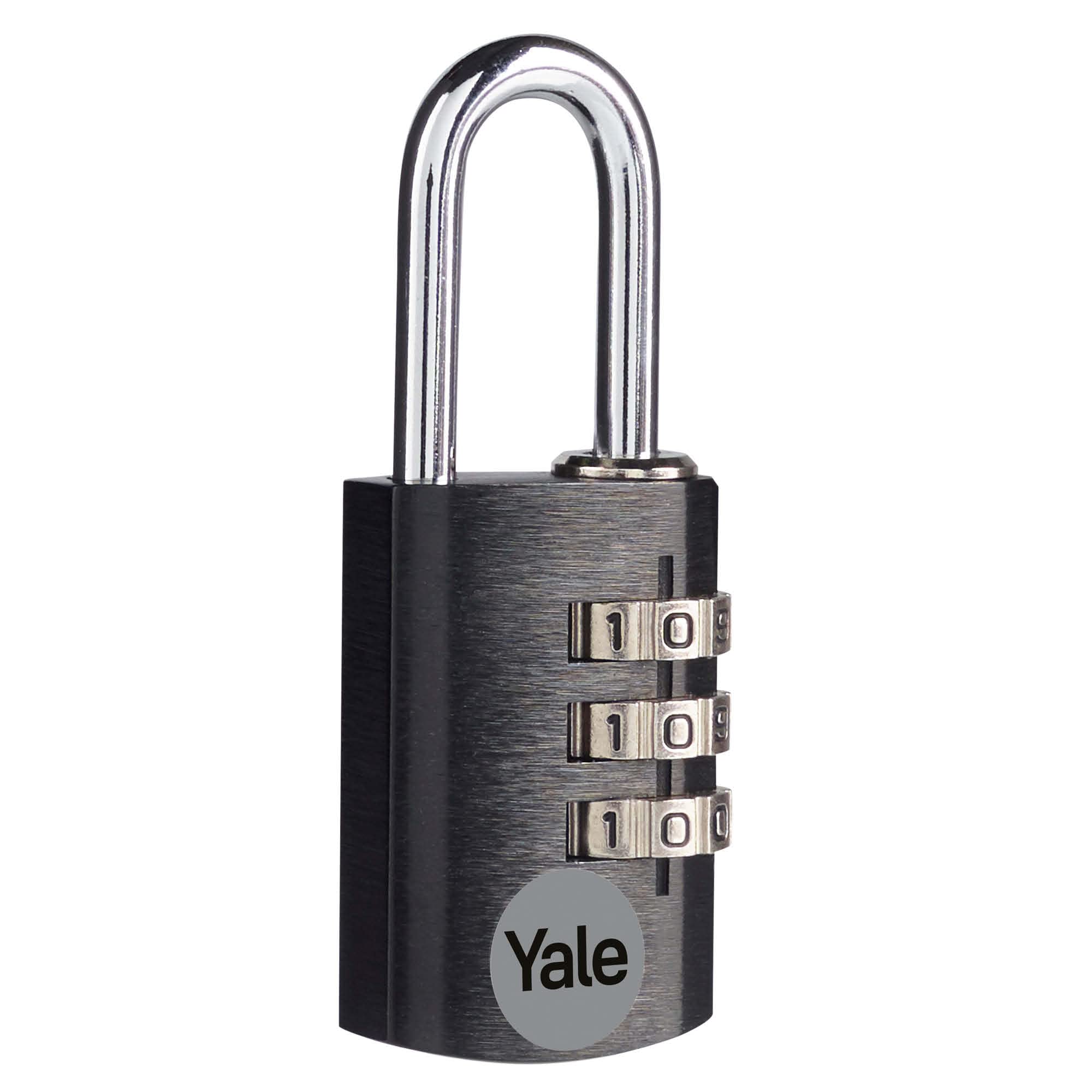 Yale - YE3CB/20/121/1/BK Standard Security 20mm Aluminium Combination Padlock - Black - Open Steel Shackle - 3 dial Combination Lock