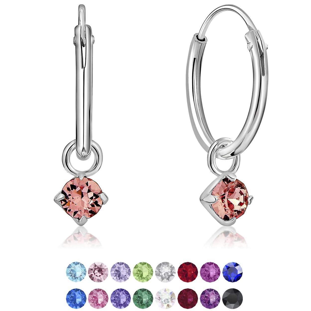 925 Sterling Silver Small Hoops Earrings with Dangling Heart in Glittering Crystals 3 mm - Heart Earrings Light Pink - Thickness 1.5 mm - Diameter: 12 mm
