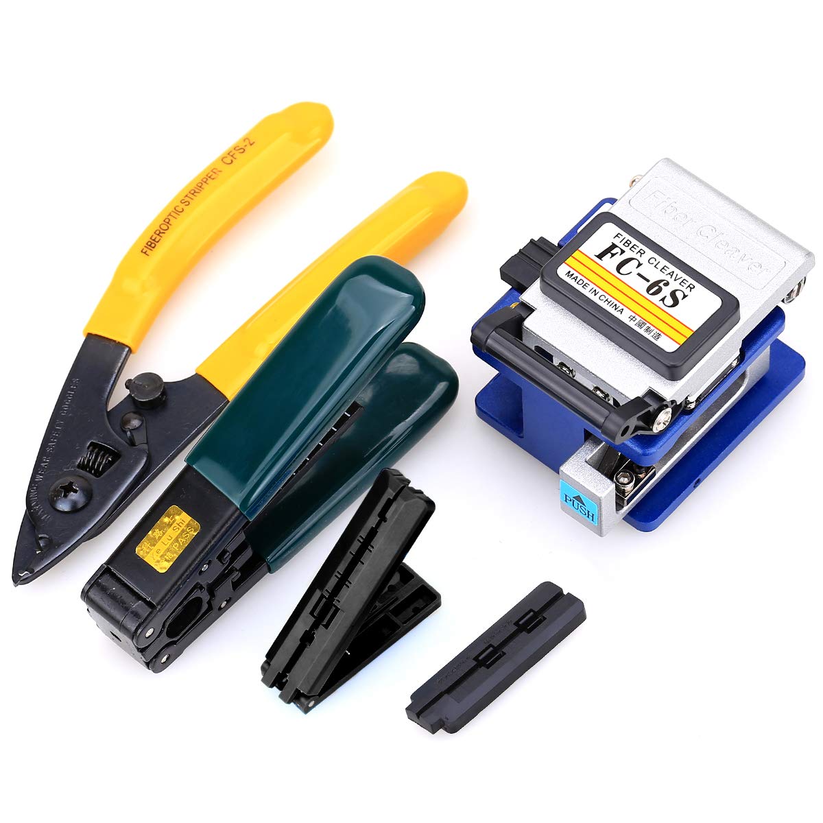 CRUSIER 5 in 1 FTTH Fiber Optic Tool Set with FC-6S Cleaver, Stripping Tool, Coating Stripper, Guide Bar (Blue|yellow|grey)