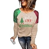 Womens Christmas Sparkle Shirt Funny Xmas Holiday Raglan Sequined Splicing Sleeve Graphic Tee Family Matching Winter Tops