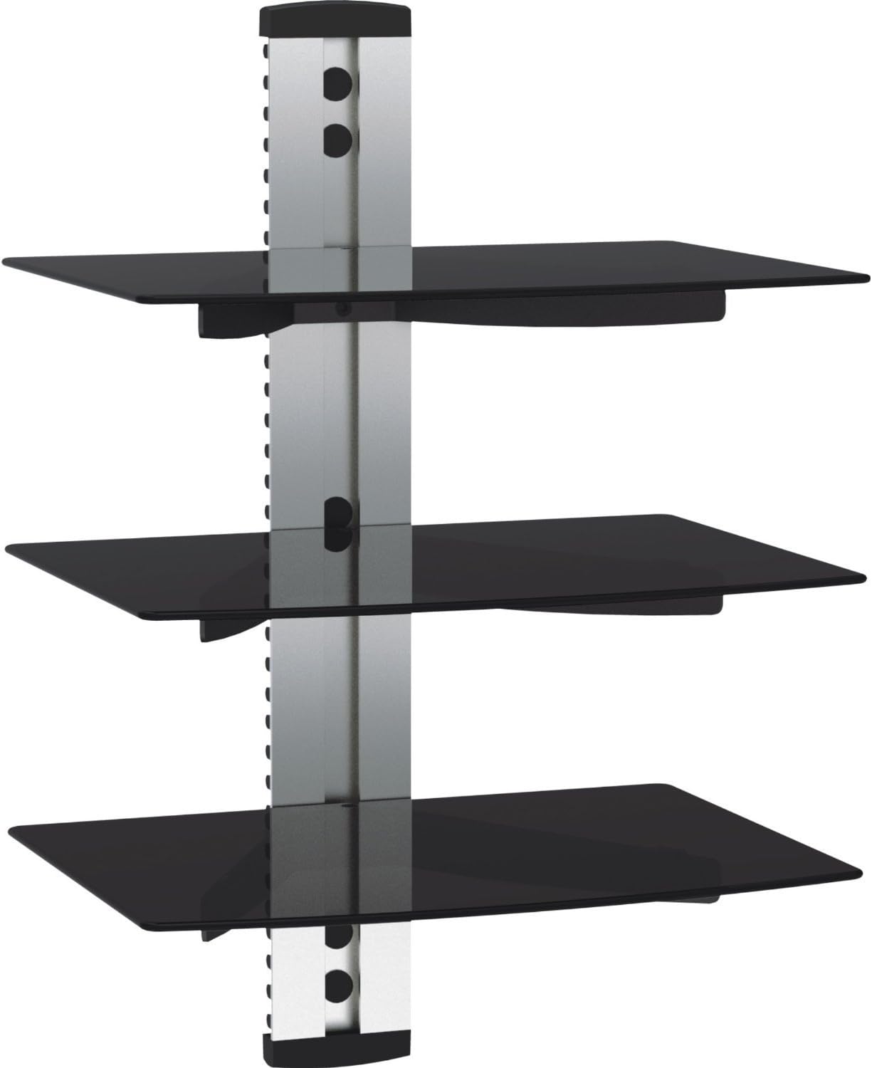 VonHaus 3-tier Floating Black Shelves Flat Silver Wall Mount Bracket with Strengthened Tempered Black Glass | for DVD Player, Sky/Virgin Box, Games Consoles, TV Accessories, Speakers and More