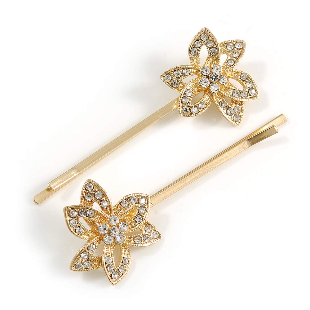 2 Bridal/Prom Clear Crystal Flower Hair Grips/Slides In Gold Tone - 65mm Across