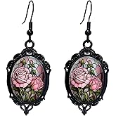 Gothic Rose Cameo Earrings for Women Vintage Rose Glass Earring Goth Red Flower Dangle Earrings Dark Punk Glass Flower Drop Earring Halloween Holiday Jewelry Accessories