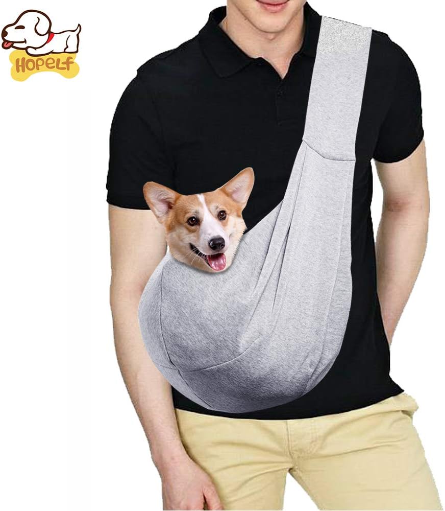 HOPELF Pet Dogs Sling Carrier with Pocket Hands Free Reversible Puppy Outdoor Travel Bag Purse (Grey Unadjustable)