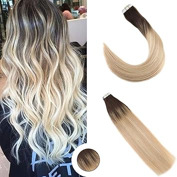 Ugeat 20inch Blonde Tape In Hair Extensions Ombre Full Head Remy Human Hair Balayage Skin Weft