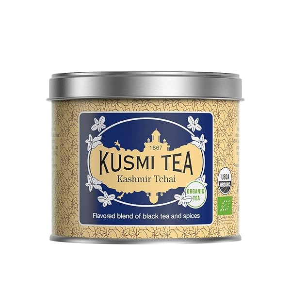 KUSMI TEA – KASHMIR TCHAI – ORGANIC BLACK TEA FLAVORED WITH ANISE, CARDAMOM, CINNAMON, GINGER & CLOVES – SMOOTH, FLAVOURFUL, CAFFEINATED TEA – LOOSE LEAF TEA – TIN BOX OF 3.5 OZ