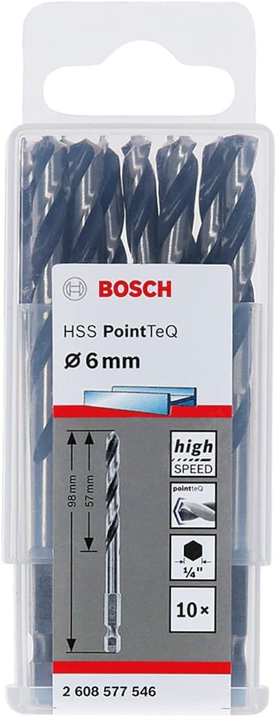 Bosch 10pc PointTeQ Hex Drill Bit Ø6.0mm 98mm 1/4 in Hex Shank Metal Use