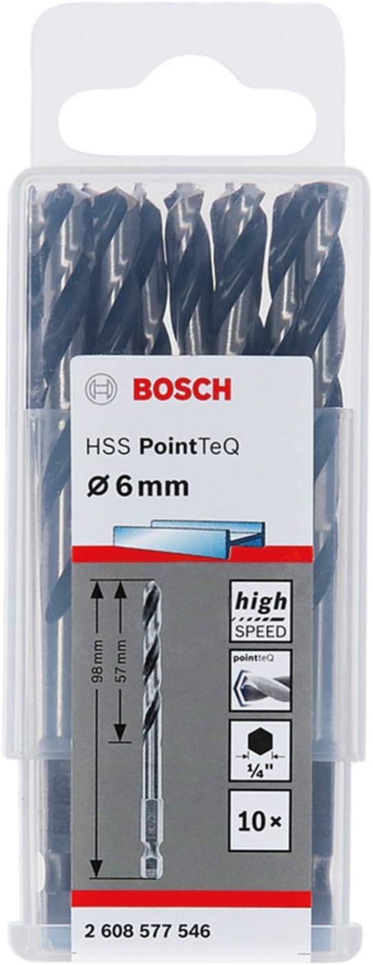Bosch 10pc PointTeQ Hex Drill Bit Ø6.0mm 98mm 1/4 in Hex Shank Metal Use