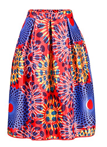 Women's Sun Flower High Waist A-Line Pleated African Print Midi Skirt Large Red