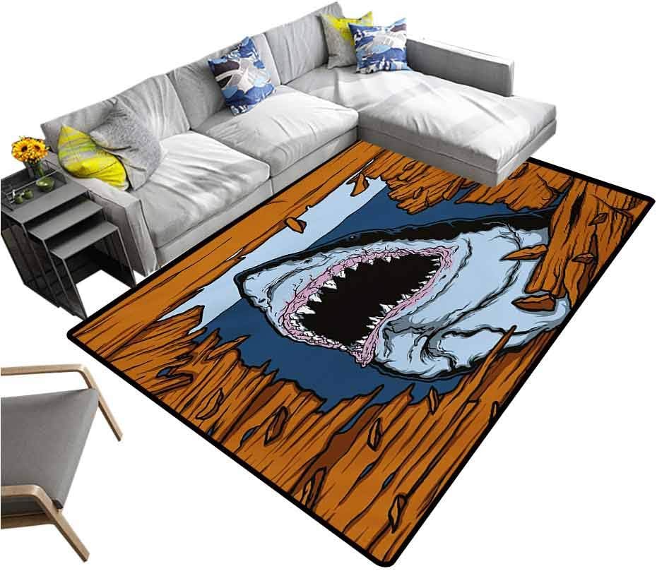 Shark Carpet Wild Fish Breaking Wooden Plank Danger Sign Killer Creature Fun Illustration Bedroom Hallway Rug Ginger Dark Blue (5'7"x8'6")