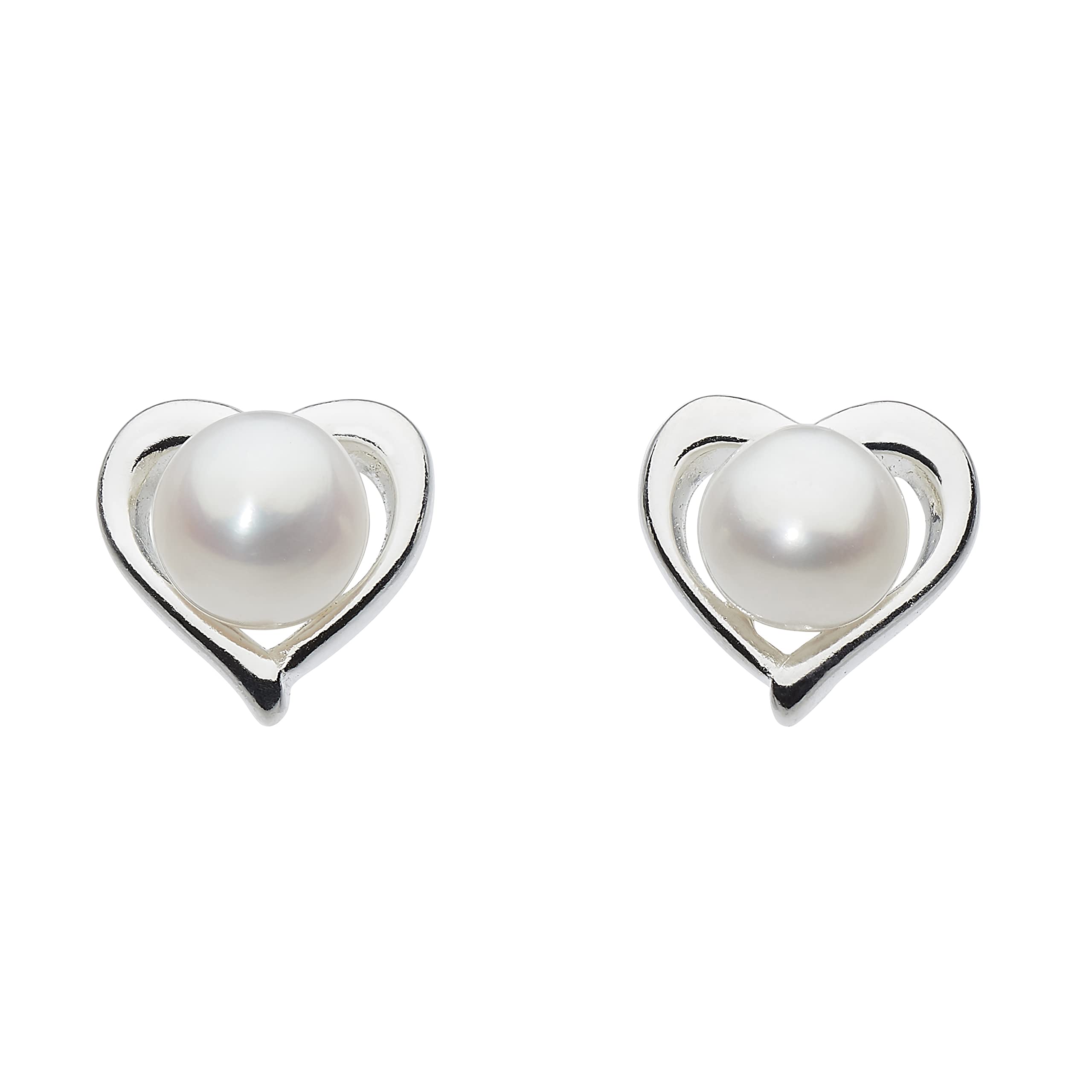 DEW Small Heart Freshwater Pearl Stud Earrings – Sterling Silver, Classic Design, Timeless Gift Idea for Brides and Bridesmaids