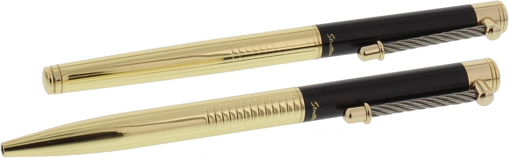 Stratton Roller Ball & Biro Pen Set - Black and Gold Plated Boxed Gift