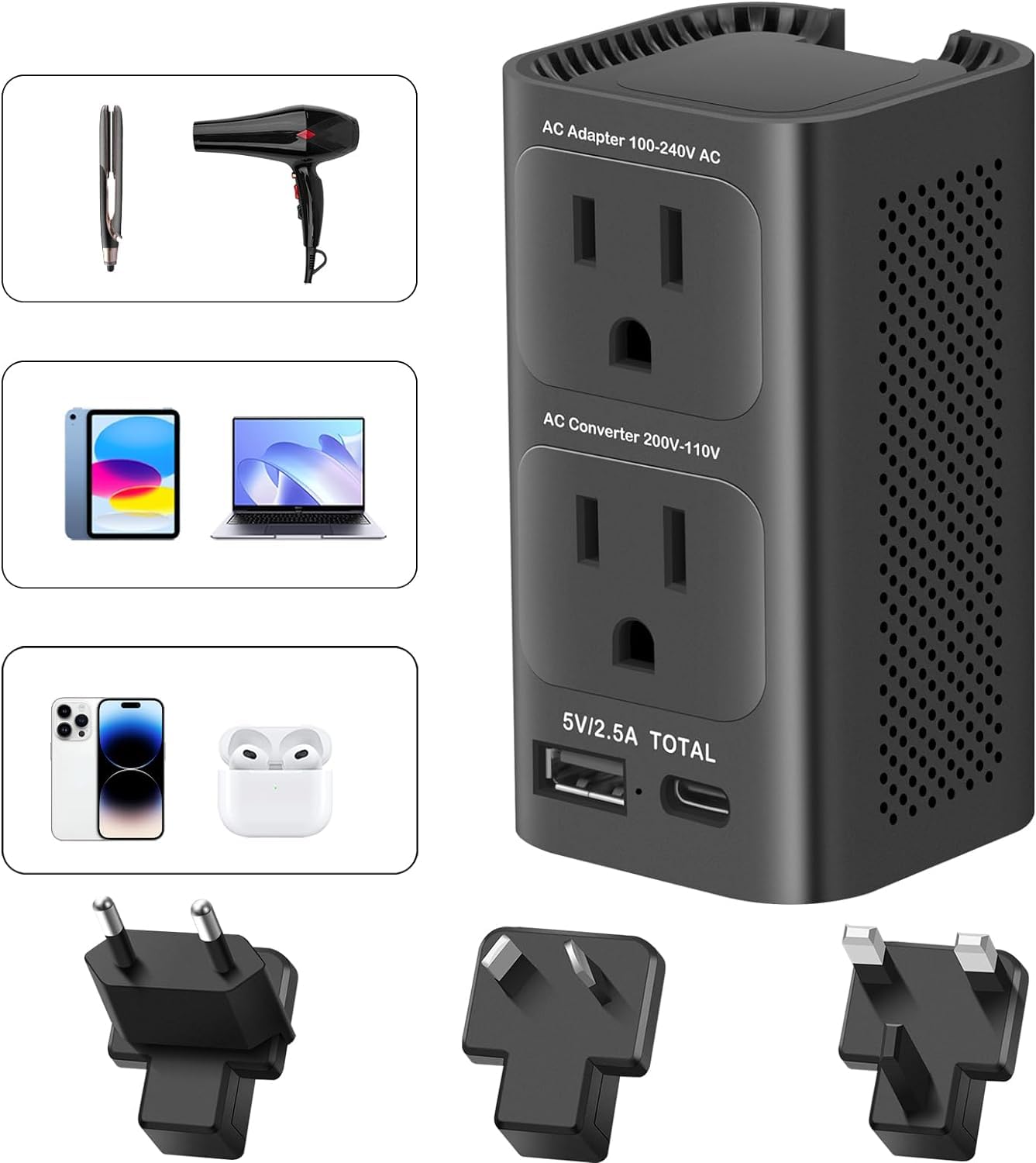 Photo 1 of 220v to 110v Voltage Converter US to Europe, Power Converter Adapter Combo (Black)