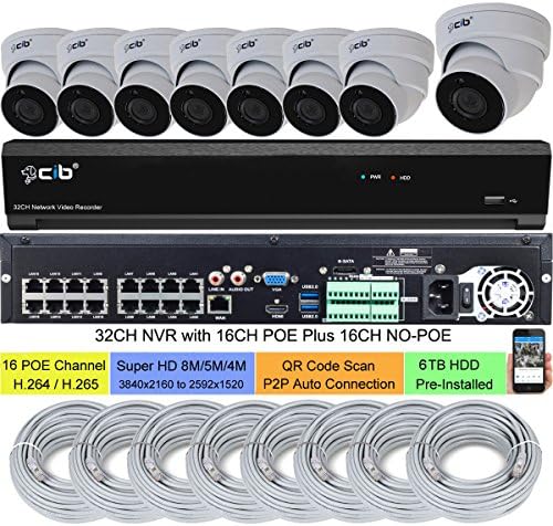 CIB 32CH NVR 8MP/5MP/4MP (3840x2160 to 2592x1520) H.265 16CH POE Plus 16CH NON POE Network Video Recorder, 8x5MP (2592x1944) POE Metal Case Dome IP Cameras w/ 6TB HDD