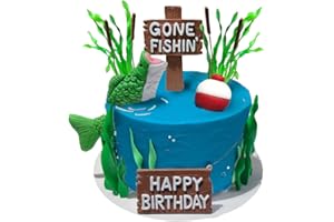 DIDIDA Fishing Cake Topper Gone fishing Cake with Bass Reed Happy Birthday Sign