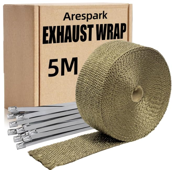 Car Exhaust Wrap Tape, Arespark 5M Heat Wrap Exhaust Tape Roll Titanium for Motorcycle Heat Shield Tape Fiberglass Heat Insulation Wrap with 10 Pcs Stainless Ties