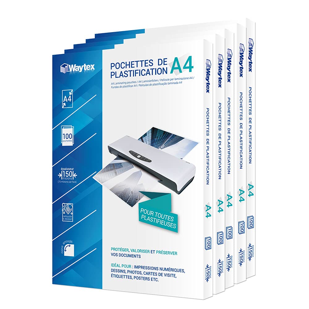 Waytex A78273P500 Laminating Pouches A4 2 x 75 Microns per Side 150 Microns Glossy Finish