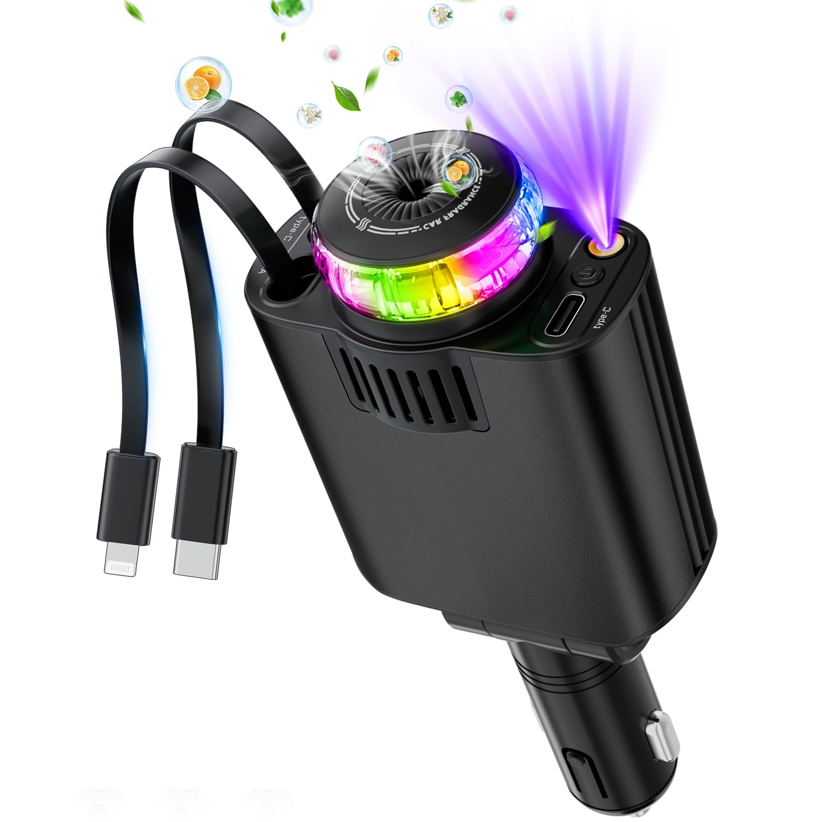 Photo 1 of Starlight Retractable Car Charger with Aromatherapy, 5 in 1 Fast Charging 66W Car Phone Charger Adapter, USB C Car Accessories Compatible with iPhone 16/15/14/13/12/11 and Android (Black)