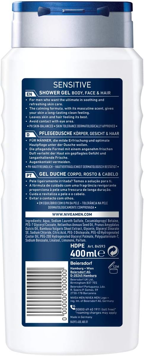 NIVEA MEN Sensitive Shower Gel Pack of 6 (6 x 400ml), Alcohol-Free Sensitive Skin Body Wash, Gentle for Irritated Skin - Image 3
