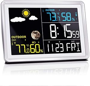 Wittime Latest 2081 Wireless Indoor Outdoor Thermometer, HD Color Screen, Digital Temperature Humidity Monitor with Sensor, Room Hygrometer with Weather Forecast, Alarm Clock