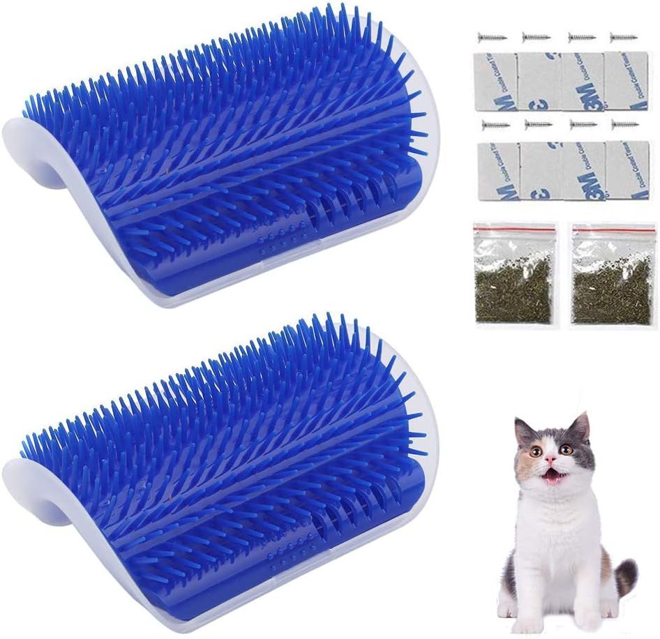 2Pcs Cat Self Groomer Brush with Catnip, Wall Corner Mounted Massage Grooming Comb