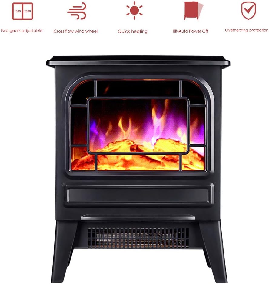 KOKIN Electric Fireplace Stove Heater with Log Burner 3D Flame Effect 2000W, Black Freestanding Fireplace with Wood Burning LED Light and Remote controlled,Home Decor Ornaments