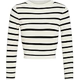 Milumia Women's Striped Long Sleeve Crop Top Ribbed Knit Crewneck Fitted Casual Tee Tops