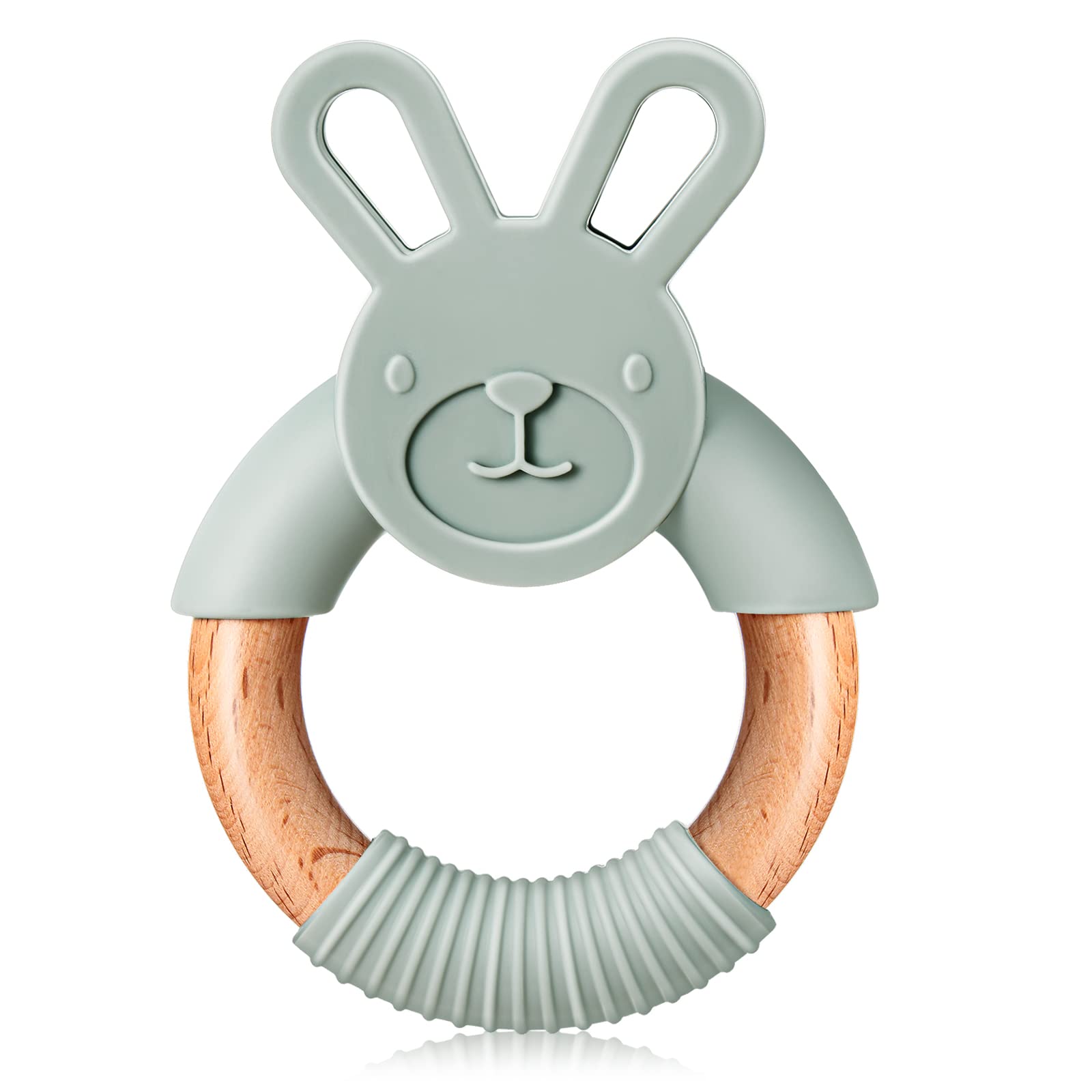 Nuanchu Bunny Baby Teething Toys, Baby Bunny Ring, Wooden Baby Toys 0-24 Months, Silicone Freezer Teethers for Babies, Teether Toy Newborn Boy Girl Easter Gifts Sensory Development Soothe (Gray Green)