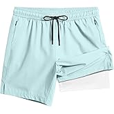 TENGINE Men's Swim Trunk 5" with Compression Liner 5 Inch Quick Dry Board Shorts Zipper Pocket