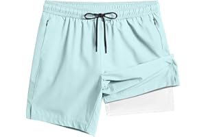 TENGINE Men's Swim Trunk 5" with Compression Liner 5 Inch Quick Dry Board Shorts Zipper Pocket