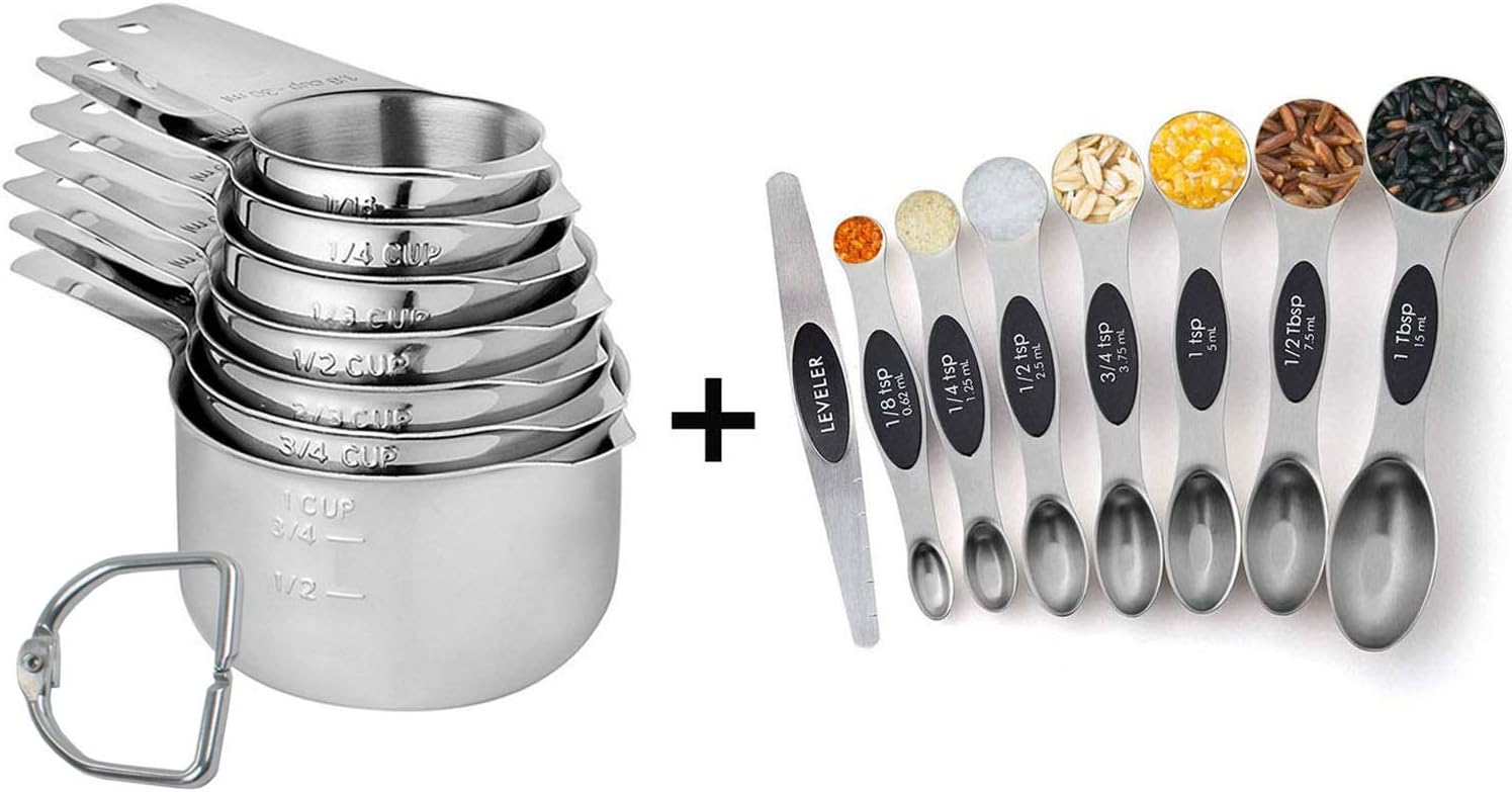 Measuring Cups and Magnetic Measuring Spoons Set - 7 Cups and 7 Spoons with Double Ends Equipped and 1 Leveler, Stainless Steel Set of 15 for Measuring Dry and Liquid Ingredients