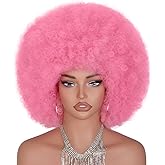 ANNISOUL Afro Wigs for Black Women Short Curly Afro Kinky Wig 70s Bouncy Huge Fluffy Puff Wigs Premium Synthetic for Cosplay and Daily(Pink)