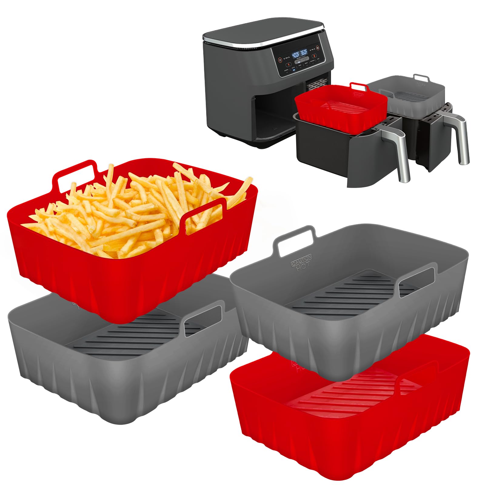 Photo 1 of Golden Associate Silicone Liners Rectangle 4 Pcs for Air Fryer Dual Basket 8 to 10 Qt, Food-grade Reusable Baking Tray Fit Ninja DZ201 DZ401 DZ550, 4 to 5 Qt Each, Double Zone Airfryer Accessories
