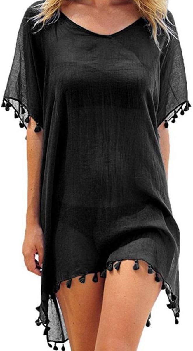 YONHEE Women's Chiffon Tassel Beachwear - Kaftan Swimsuit Cover Up Chiffon Tassel Summer Casual Swimwear Bikini Beach Dress Swim Bathing Suit