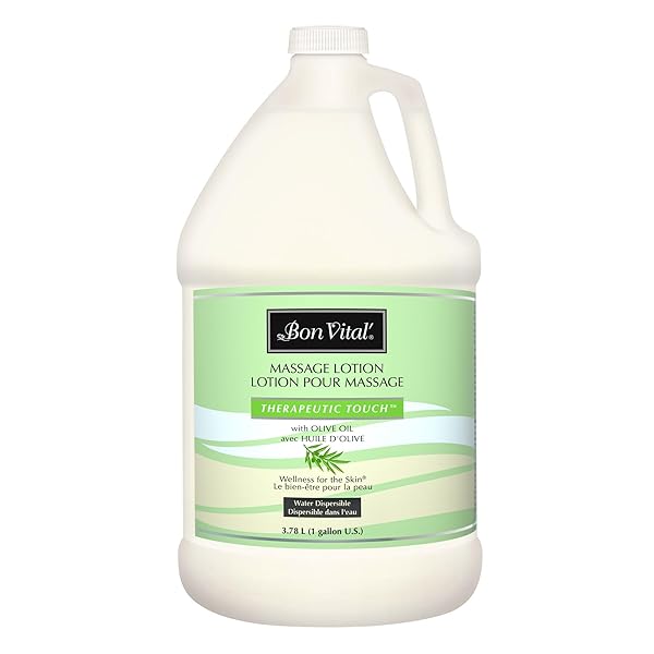 BON VITAL’ THERAPEUTIC TOUCH MASSAGE LOTION WITH OLIVE OIL TO REPAIR DRY SKIN & SOOTHE SORE MUSCLES, SKIN THERAPY LOTION, MOISTURIZES SKIN DURING MASSAGES FOR SMOOTH, SOFT SKIN, 1 GAL, LABEL MAY VARY
