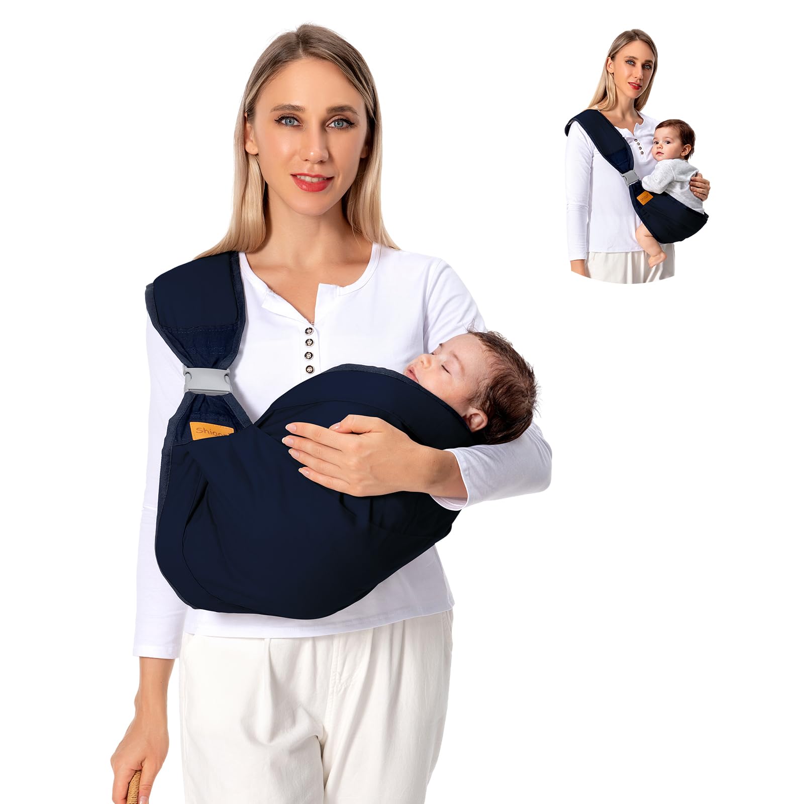 Photo 1 of Shiaon Baby Sling Carrier, Baby Carrier Newborn to Toddler(7-45lbs), Toddler Carrier with Safety Buckle, One Shoulder Adjustable Shoulder Strap, One Size Fits All, Blue