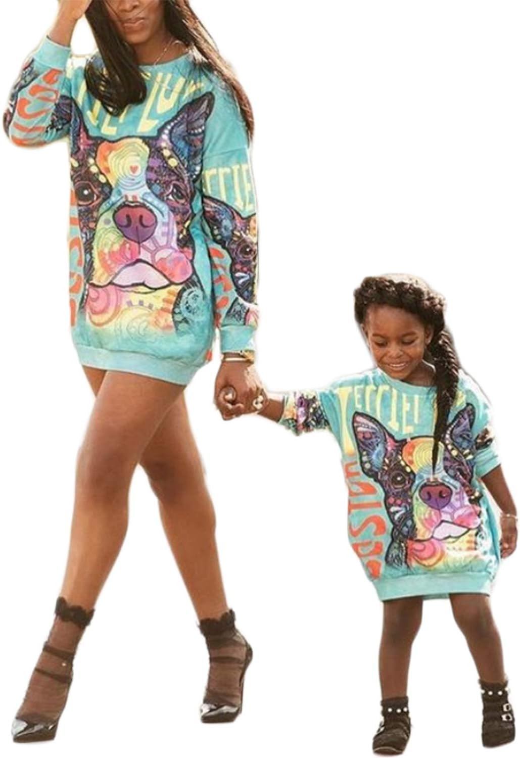 Mommy and Me Matching Cartoon Printed Loose Pullover Shirt Dress Parent-Child Family Long Sleeve Sweatshirt Outfits