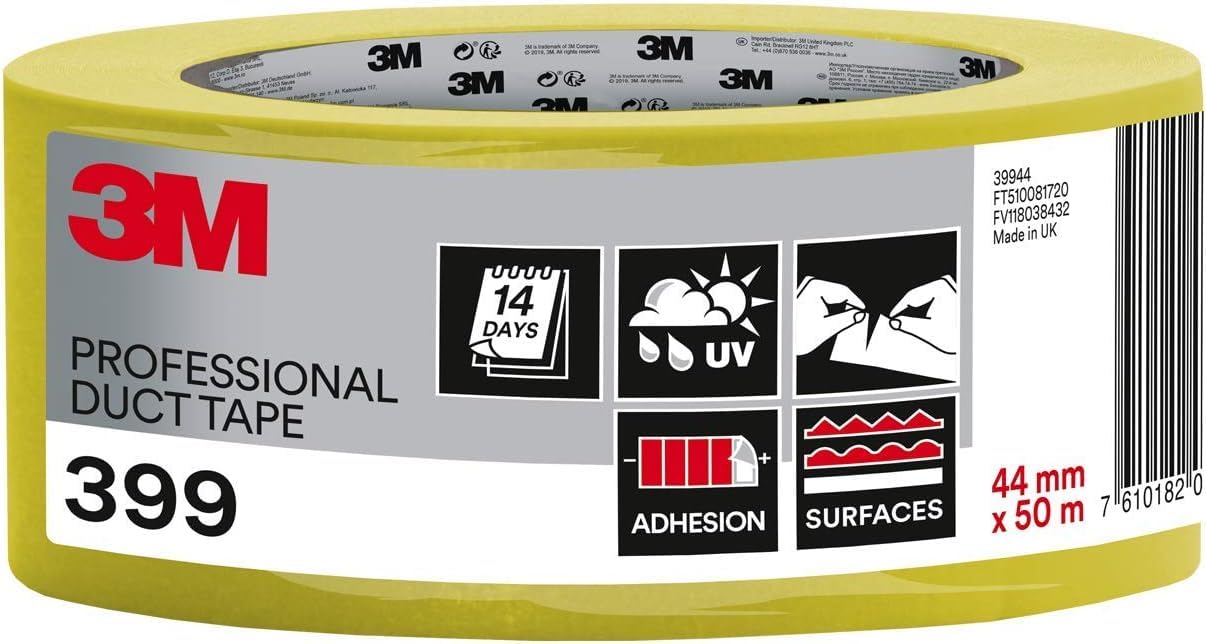 3M Pro Duct Tape 399 for Brick & Concrete, Yellow - 1 Roll (44 mm x 50 m) - Strong Adhesion, Flexible, Moisture- and Weather-Resistant