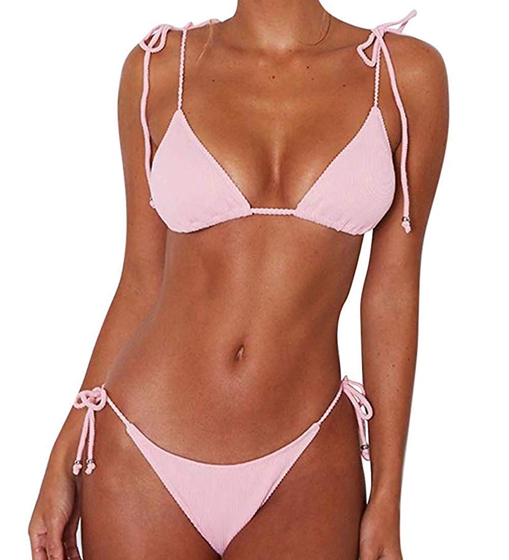 CheChury2 Piece Sexy Brazilian Bikini Sets Spaghetti Stripes Padded Swimsuit Top & Tie Side Triangle Bottom Bikini for Women