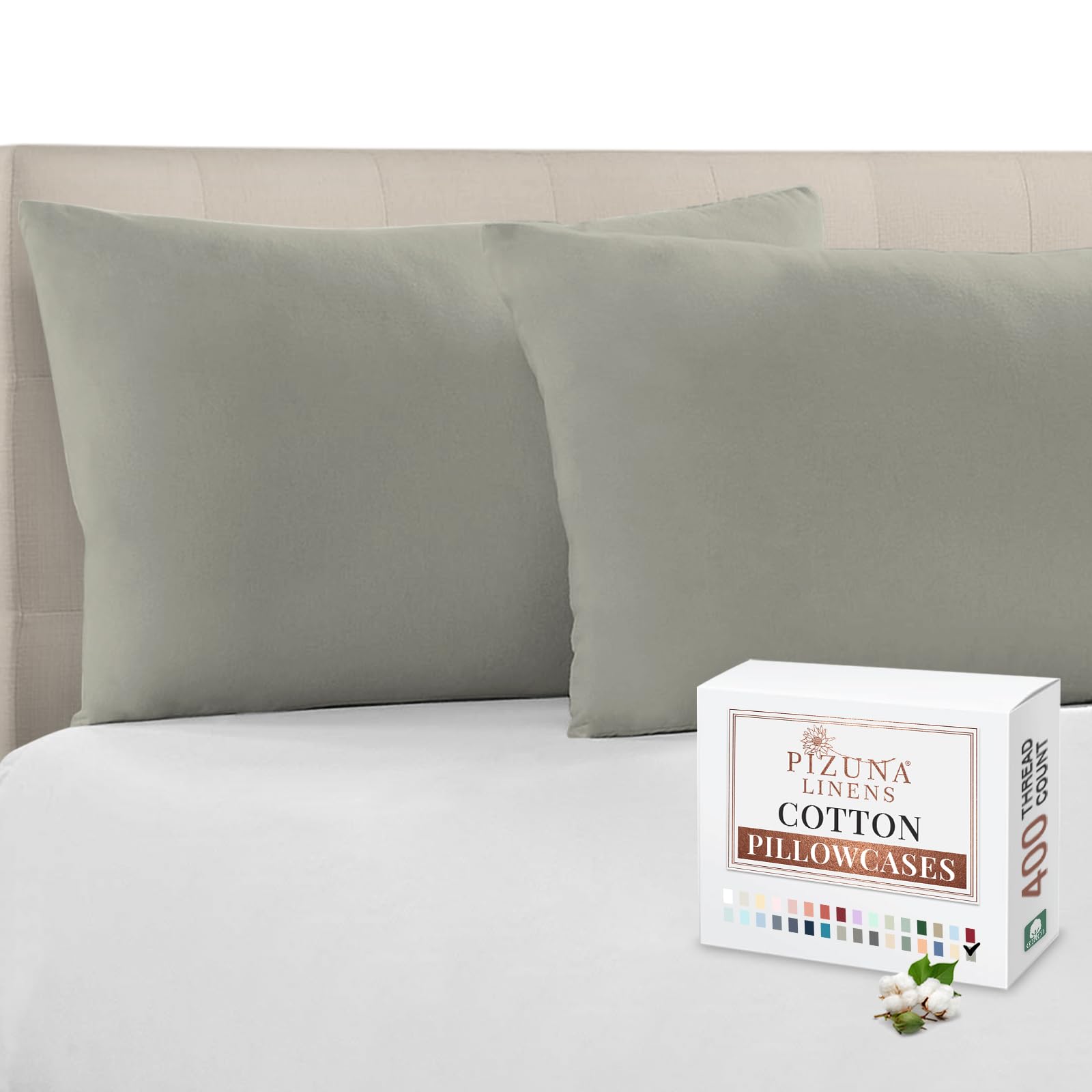 Pizuna 100% Cotton Housewife Pillowcases 2 Pack Silver 48x74cm, 400 Thread Count Long Staple Combed Cotton Pillow Cover, Sateen Weave Standard Housewife Pillowcase (Cotton Pillowcase Pack of 2)