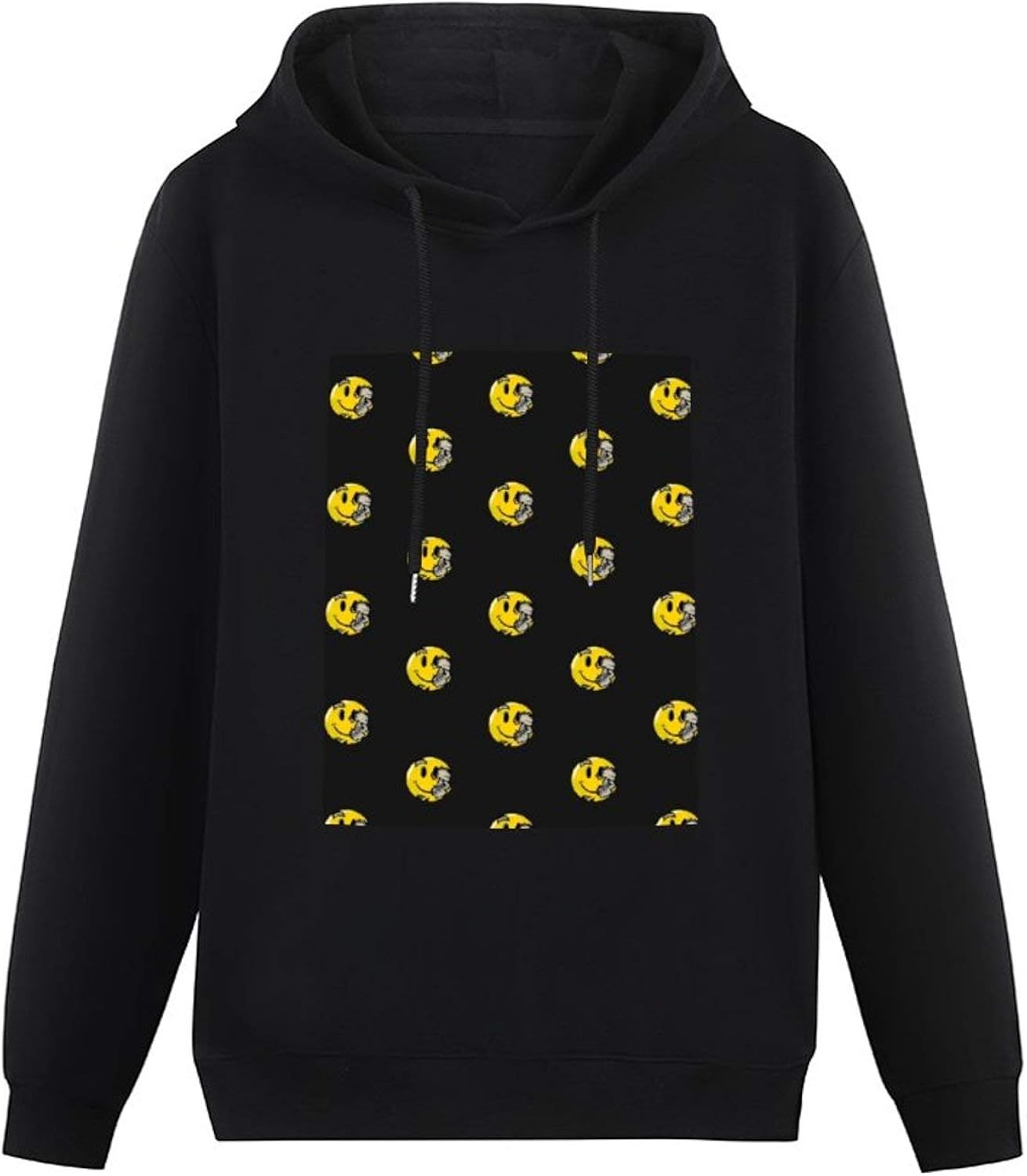 black hoodie with smiley faces