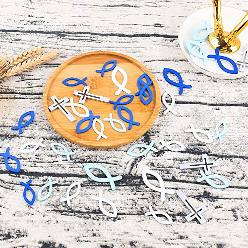 HAKACC Fische Streudeko, 100 Stück Holz Kreuz Fisch Deko Tischdeko Verzierung für Taufe Kommunion Konfirmation