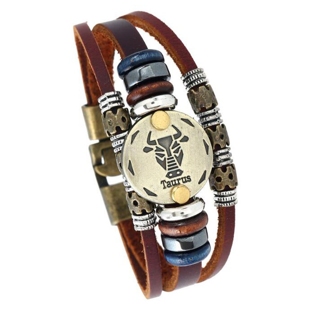 MeiPing zodiac constellation charms leather bracelet astrology, One Size, Leather — image 1
