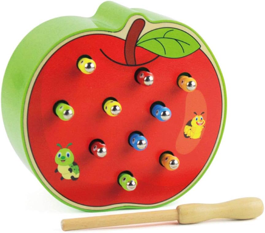 WFZ17 Catch Worms Toy,Fruit Shape Wooden Magnetic Catch Colorful Worms Game Interactive Kids Toy Gift Apple