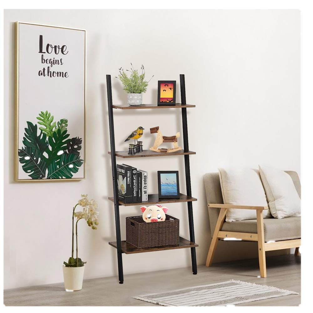 Missli Vintage Bookshelf Industrial Ladder 4-Tier Floor-Standing Living Room Shelves Storage Shelf Creative Bookcase Open Storage Display Shelves Organizer Wood Metal Furniture