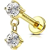 COCHARM 14K Gold Helix Cartilage Tragus Earring Stud Dangle CZ 16g Flat Back Real Gold Cartilage Helix Tragus Piercing Jewelry Dangling 6mm Short Bar 14Kt Lobe Stud Jewelry 14K Threaded