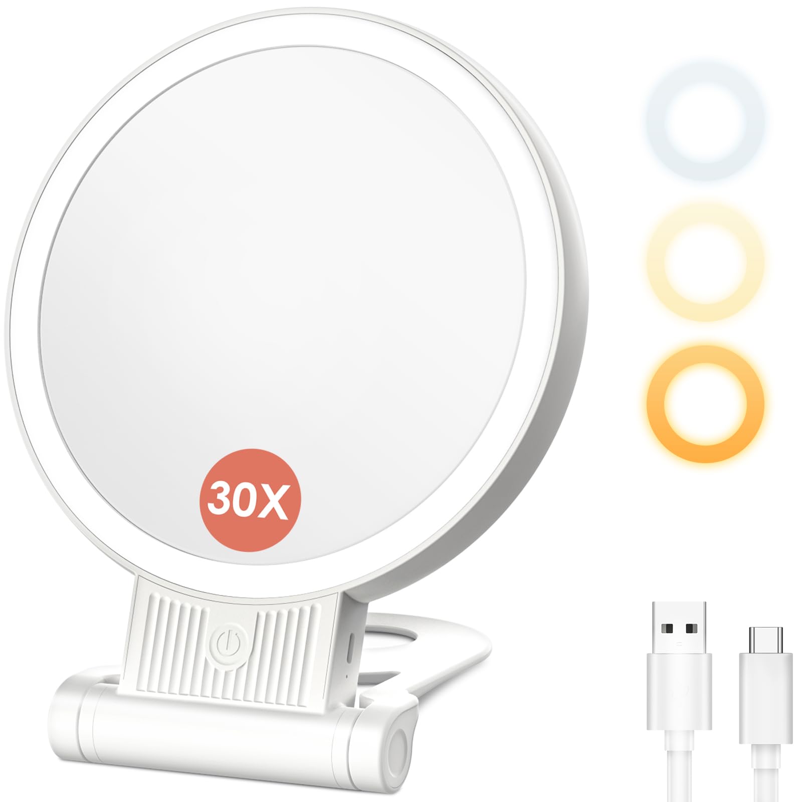 Photo 1 of 1X/30X Magnifying Mirror with Light and Adjustable Brightness, Makeup Mirror with 360° Rotation Adjustable Folding Handle, Portable Rechargeable Double Sided Mirrors, Foldable Vanity Mirror (white)