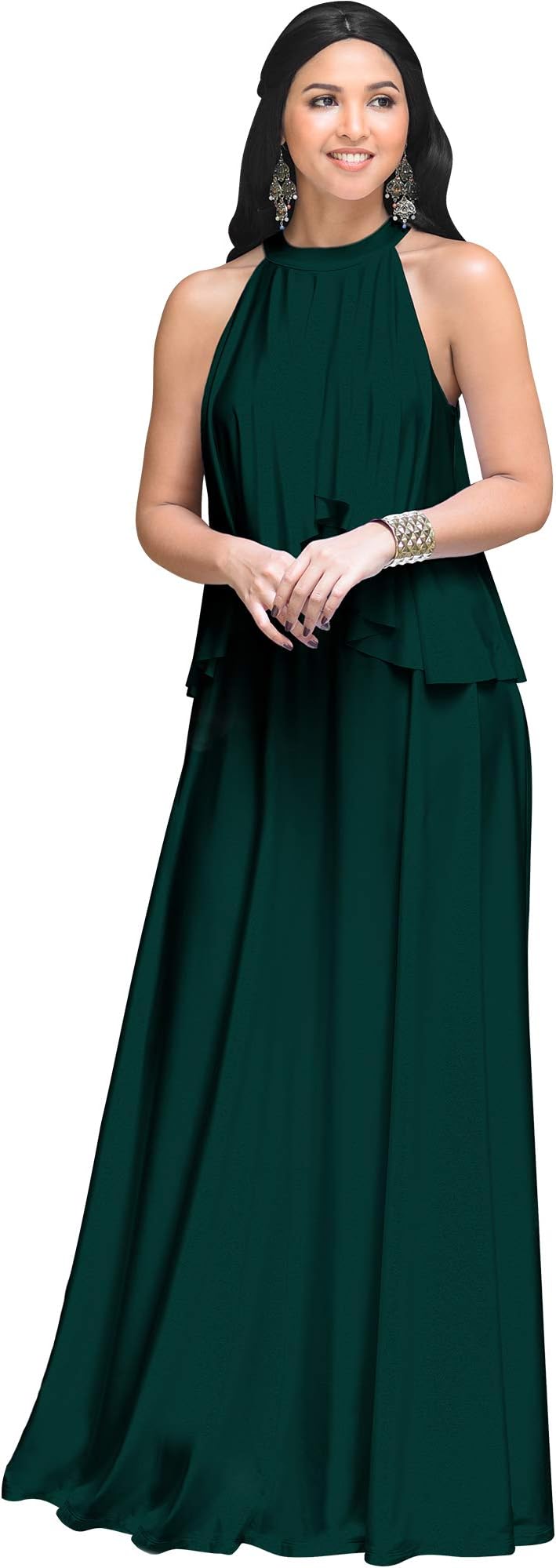 Womens Long Sleeveless Halter Layered Flowy Cocktail Summer Maxi Dress