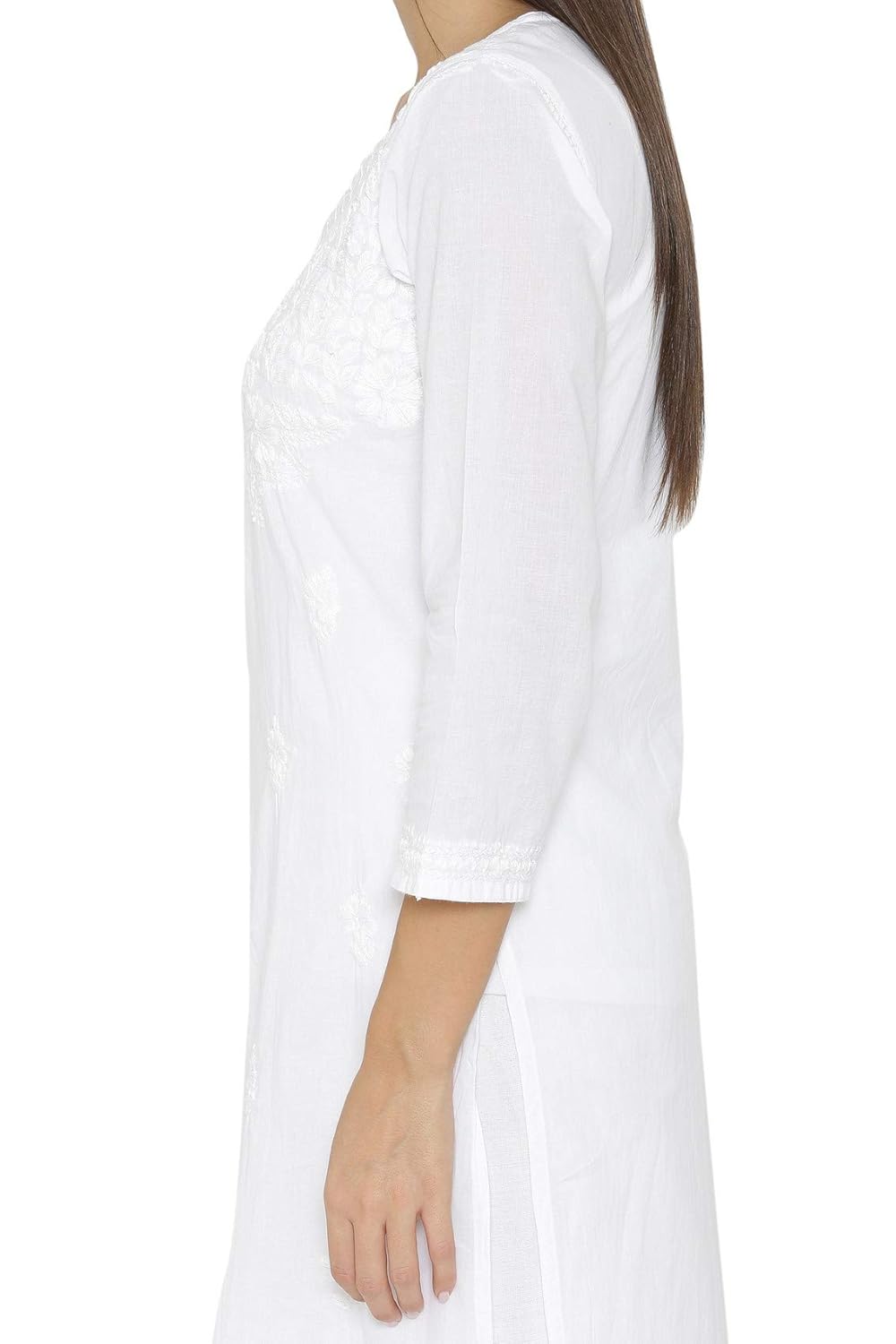 ada hand embroidered lucknow chikan womens cotton kurti kurta (a342031_white)